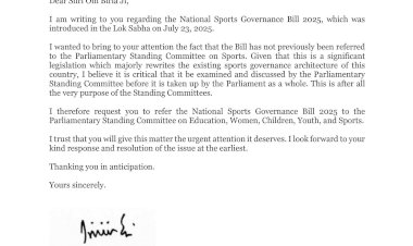 Letter to Shri Om Birla Ji regarding the National Sports Governance Bill 2025 Letter to Shri Om Birla Ji regarding the National Sports Governance Bill 2025