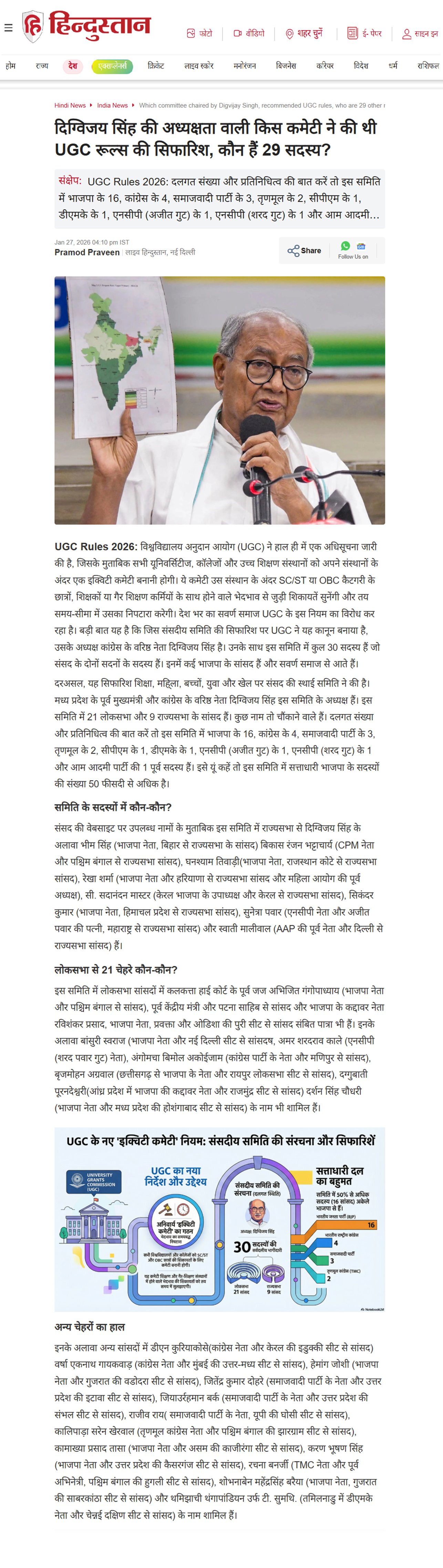 दिग्विजय सिंह की अध्यक्षता वाली कमेटी ने की थी UGC रूल्स की सिफारिश  कमेटी मे हैं 29 सदस्य